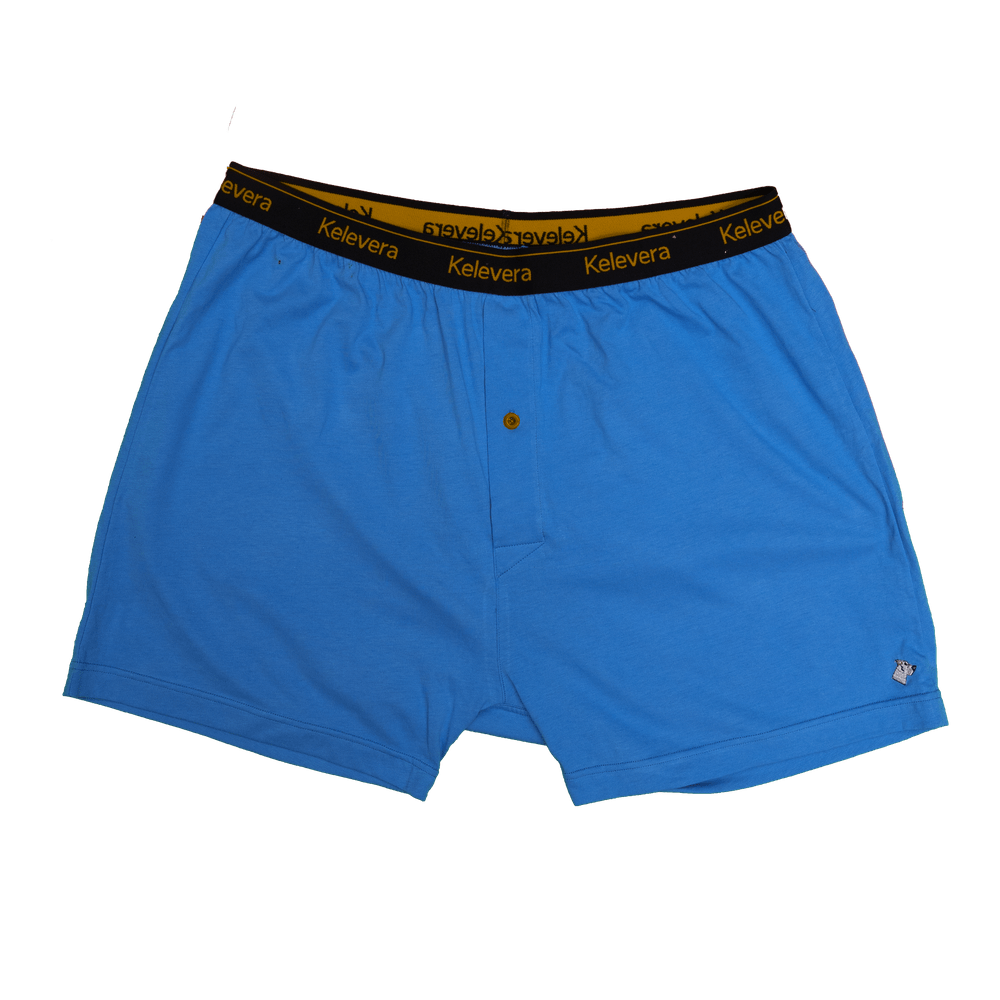 A sky blue, relaxed fit, 100% cotton boxer with a soft and tensile elastic waistband. The button fly provides a boost in comfort and makes your boxer moments even more fun.