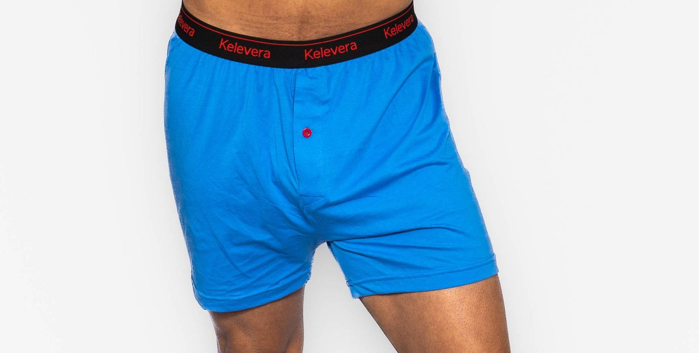 A sky blue, relaxed fit, 100% cotton boxer with a soft and tensile elastic waistband. The button fly provides a boost in comfort and makes your boxer moments even more fun.